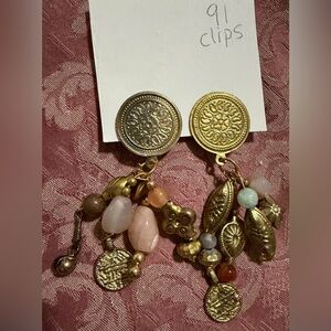 Gold-Tone Dangle Earrings with Pink and Mint Bead Accents